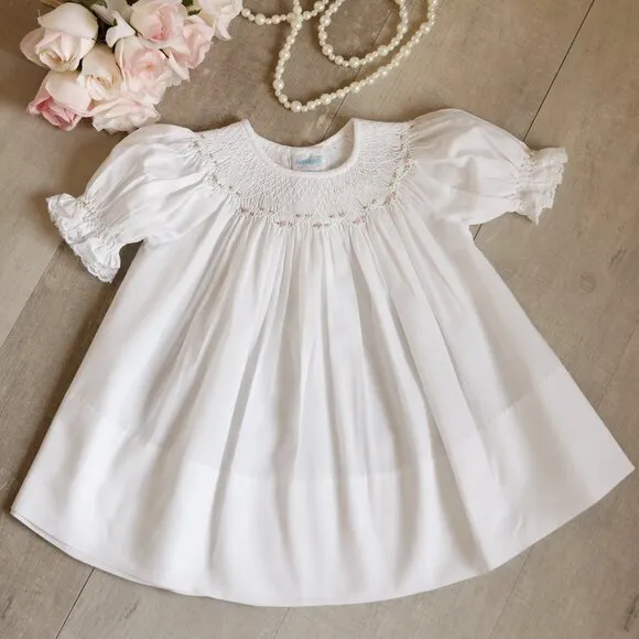 White Smocked Bishop Dress Size 3/6 Months Boutique Special Occasion Like New