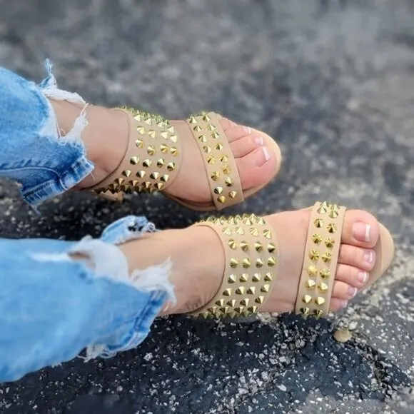 Women Gold Studs Double Band High Heels‎ Sandals Taupe Color