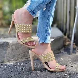 Women Gold Studs Double Band High Heels‎ Sandals Taupe Color