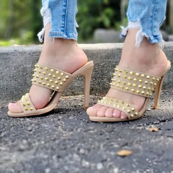 Women Gold Studs Double Band High Heels‎ Sandals Taupe Color