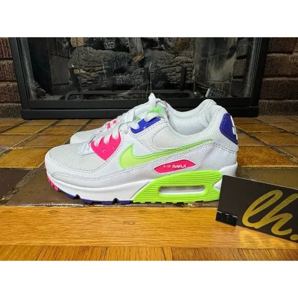 Women’s 5.5 Nike Air Max 90 White Volt Indigo Burst Running Shoes DH0250-100
