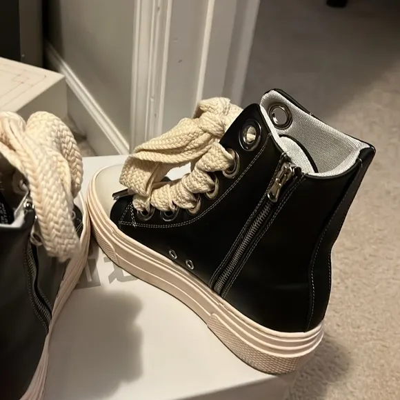Women's Black and Cream High-Top Sneakers