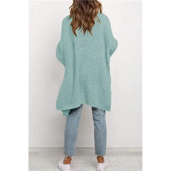 𝅺WOMEN'S Oversized Long Batwing Sleeve Cardigan Waffle Knit Sweater Coat Mint