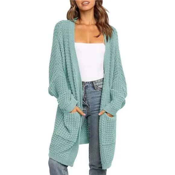 𝅺WOMEN'S Oversized Long Batwing Sleeve Cardigan Waffle Knit Sweater Coat Mint