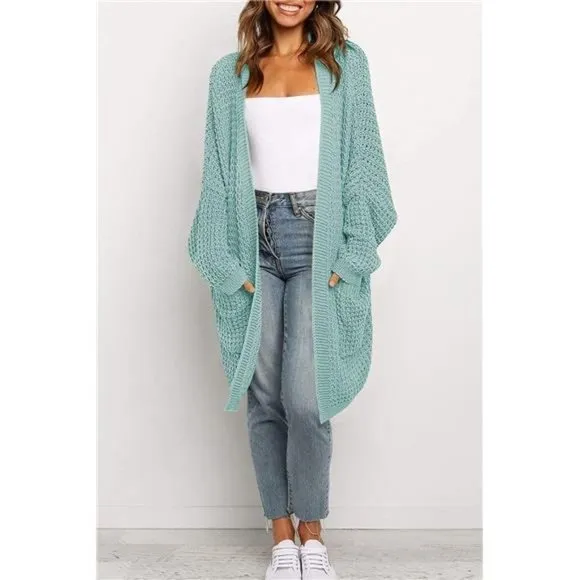 𝅺WOMEN'S Oversized Long Batwing Sleeve Cardigan Waffle Knit Sweater Coat Mint