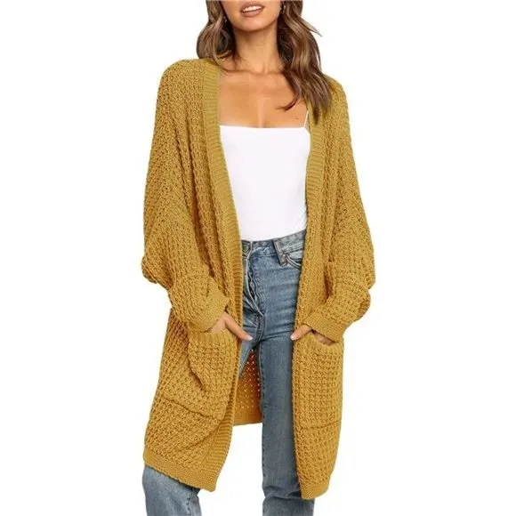 Women's Oversized Long Batwing Sleeve Cardigan Waffle Knit Sweater Coat Mustard