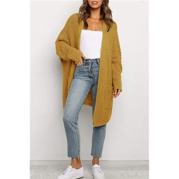 Women's Oversized Long Batwing Sleeve Cardigan Waffle Knit Sweater Coat Mustard