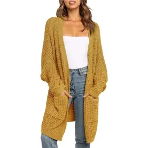 Women's Oversized Long Batwing Sleeve Cardigan Waffle Knit Sweater Coat Mustard