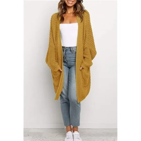 Women's Oversized Long Batwing Sleeve Cardigan Waffle Knit Sweater Coat Mustard