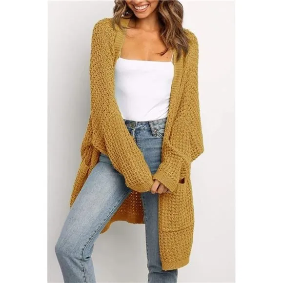 Women's Oversized Long Batwing Sleeve Cardigan Waffle Knit Sweater Coat Mustard