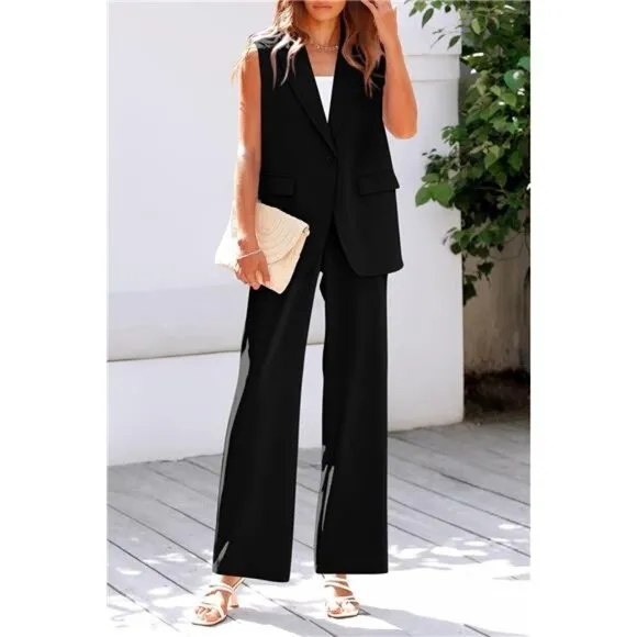 Womens Sleeveless Suit Vest And Wide Leg Pants Business Casual Blazer Set