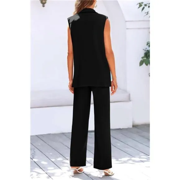 Womens Sleeveless Suit Vest And Wide Leg Pants Business Casual Blazer Set
