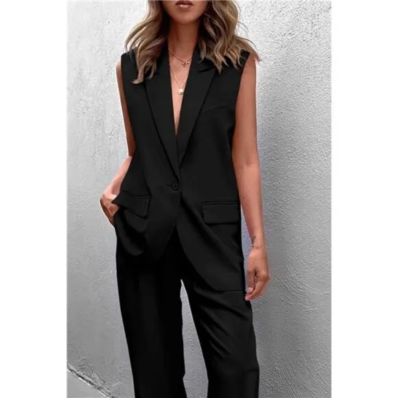 Womens Sleeveless Suit Vest And Wide Leg Pants Business Casual Blazer Set