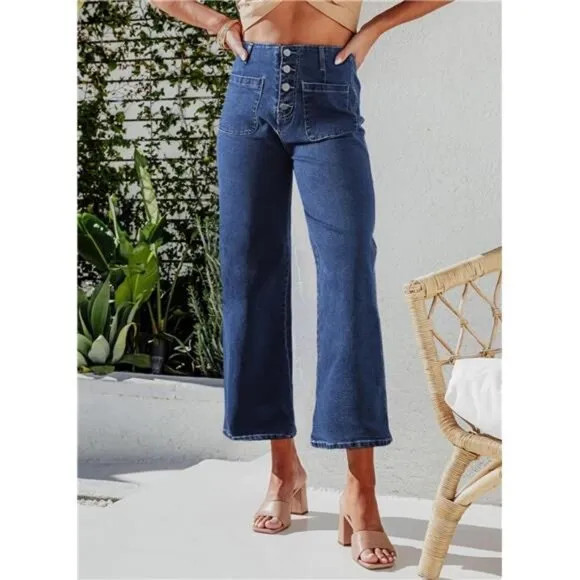 Women's Wide Leg Jeans High Waisted Stretchy Buttoned Denim Pants with Pocket