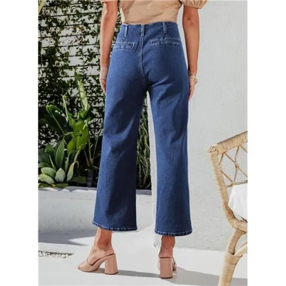 Women's Wide Leg Jeans High Waisted Stretchy Buttoned Denim Pants with Pocket