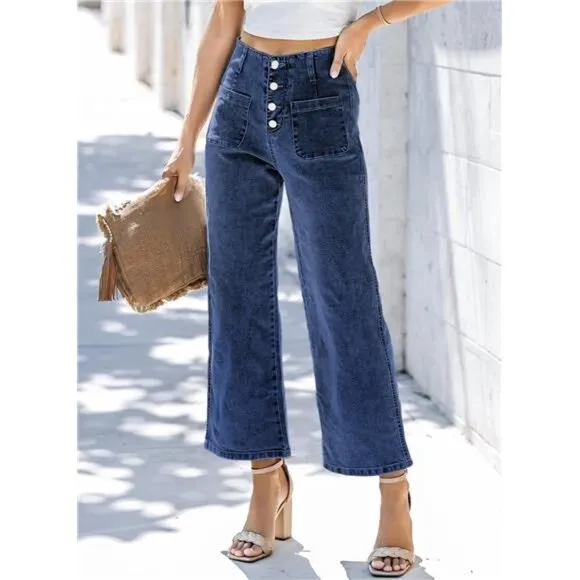 Women's Wide Leg Jeans High Waisted Stretchy Buttoned Denim Pants with Pocket