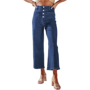 Women's Wide Leg Jeans High Waisted Stretchy Buttoned Denim Pants with Pocket