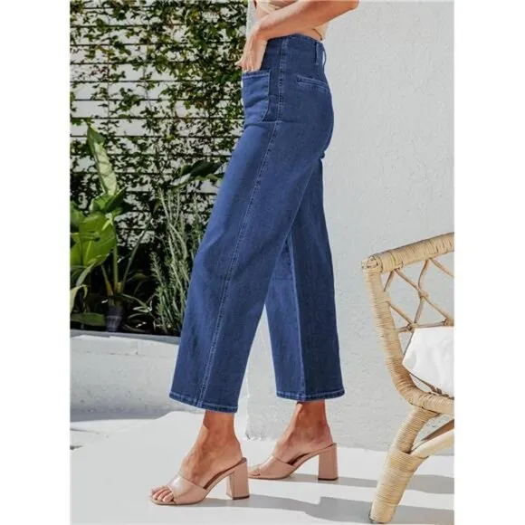 Women's Wide Leg Jeans High Waisted Stretchy Buttoned Denim Pants with Pocket