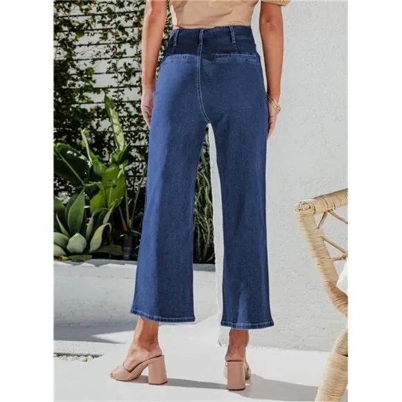 Women's Wide Leg Jeans High Waisted Stretchy Buttoned Denim Pants with Pocket