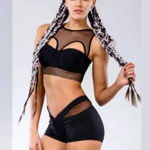 Yoga workout gym shorts crop top set outfit bra A1