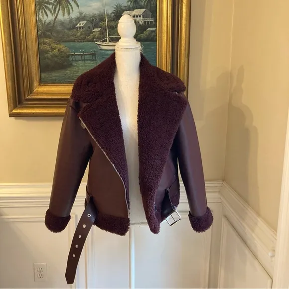 ZARA Burgundy Red Faux Leather &amp; Fur Aviator Moto Jacket