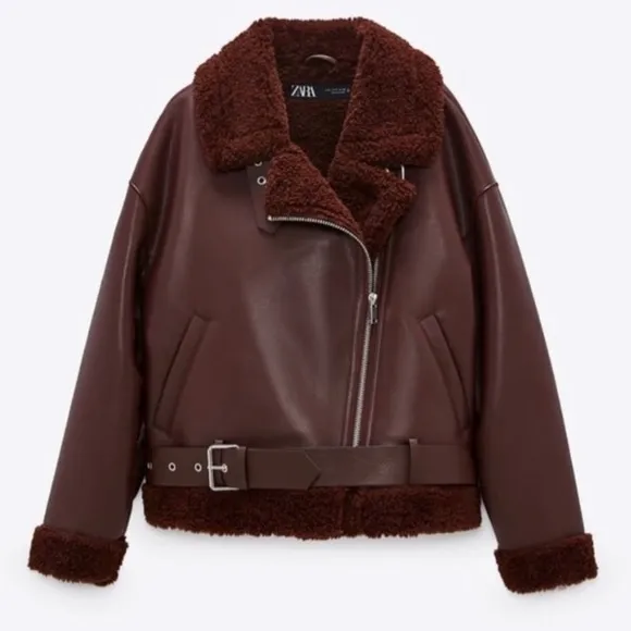 ZARA Burgundy Red Faux Leather &amp; Fur Aviator Moto Jacket
