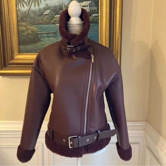 ZARA Burgundy Red Faux Leather &amp; Fur Aviator Moto Jacket