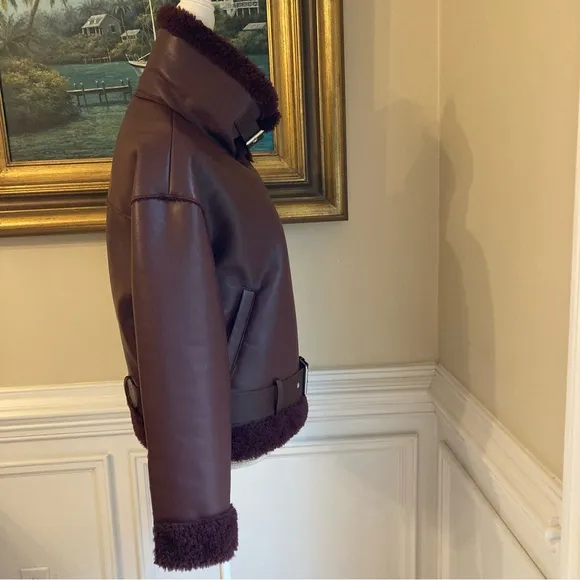ZARA Burgundy Red Faux Leather &amp; Fur Aviator Moto Jacket
