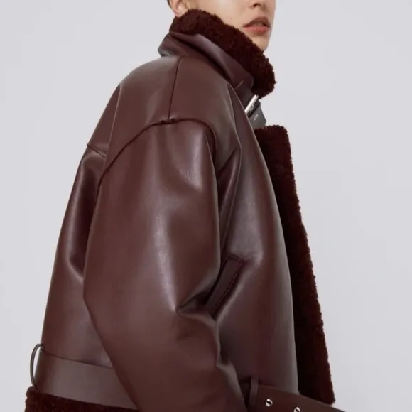 ZARA Burgundy Red Faux Leather &amp; Fur Aviator Moto Jacket