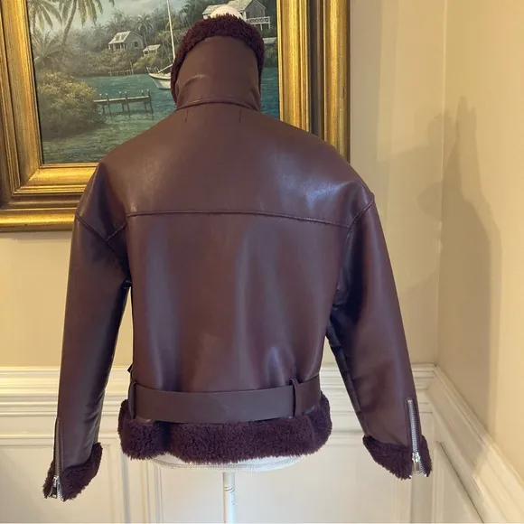 ZARA Burgundy Red Faux Leather &amp; Fur Aviator Moto Jacket