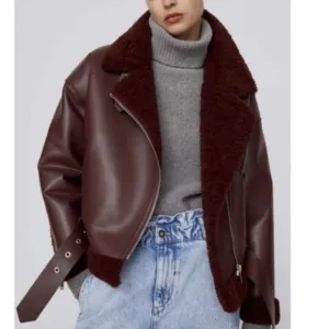 ZARA Burgundy Red Faux Leather &amp; Fur Aviator Moto Jacket
