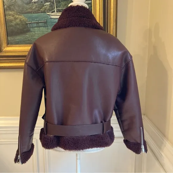 ZARA Burgundy Red Faux Leather &amp; Fur Aviator Moto Jacket